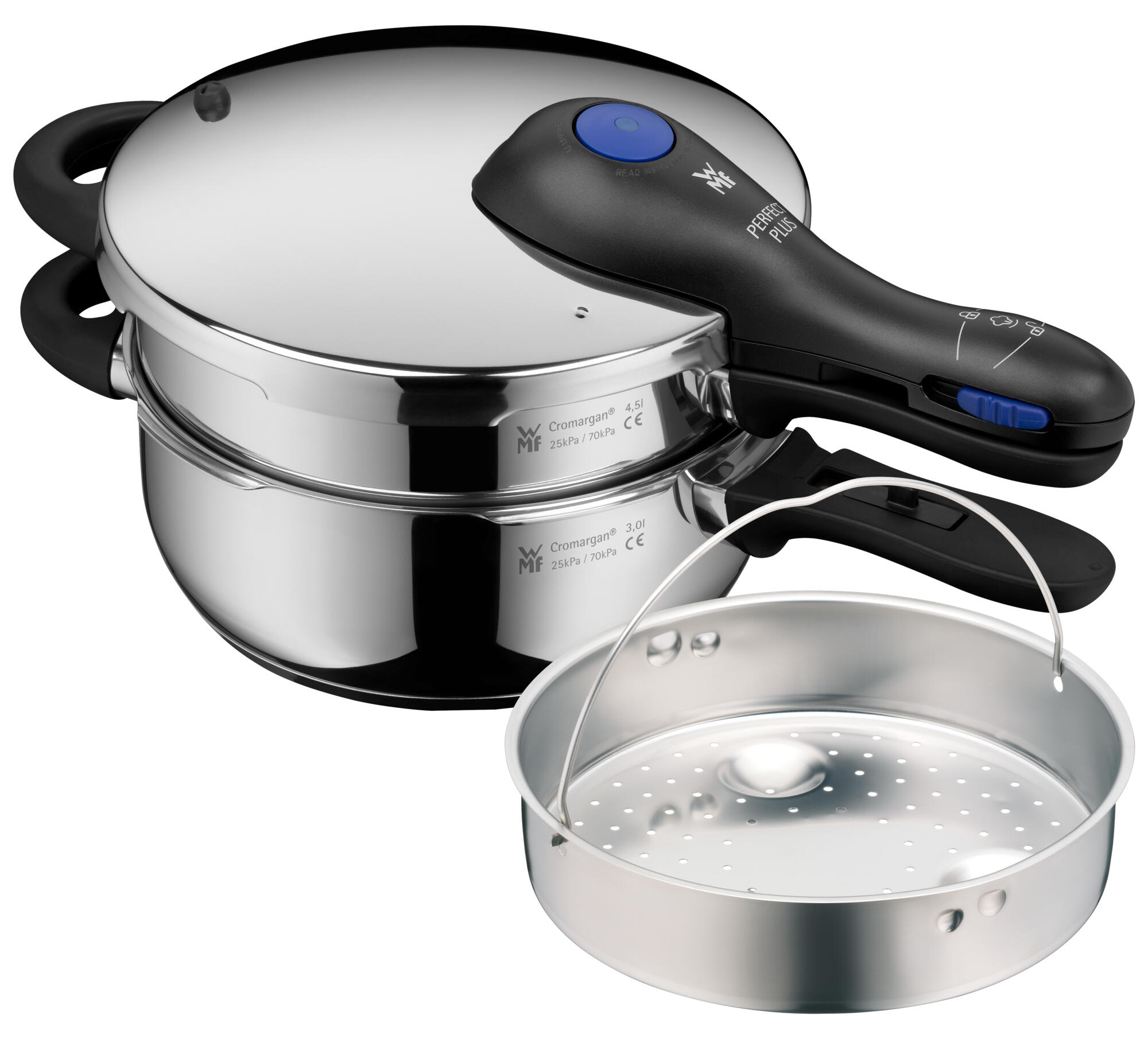 Perfect Plus  One Pot pentola a pressione, Set impilabile 6.5 L e 3 L con cestello vapore